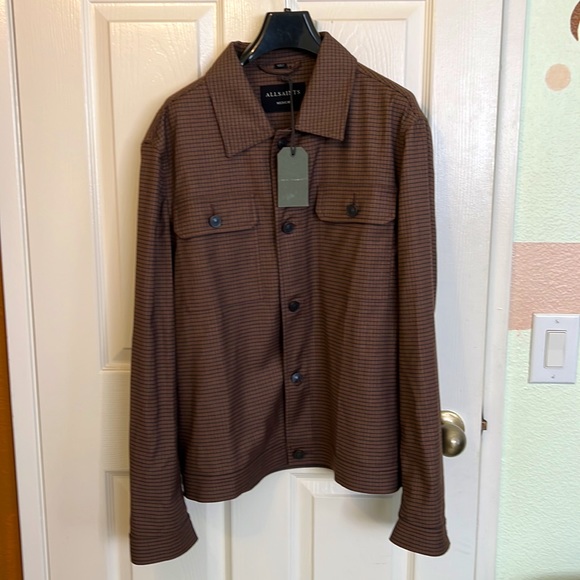 AllSaints Arlo Wool Blend Mini Check Jacket, Tan - Picture 7 of 8